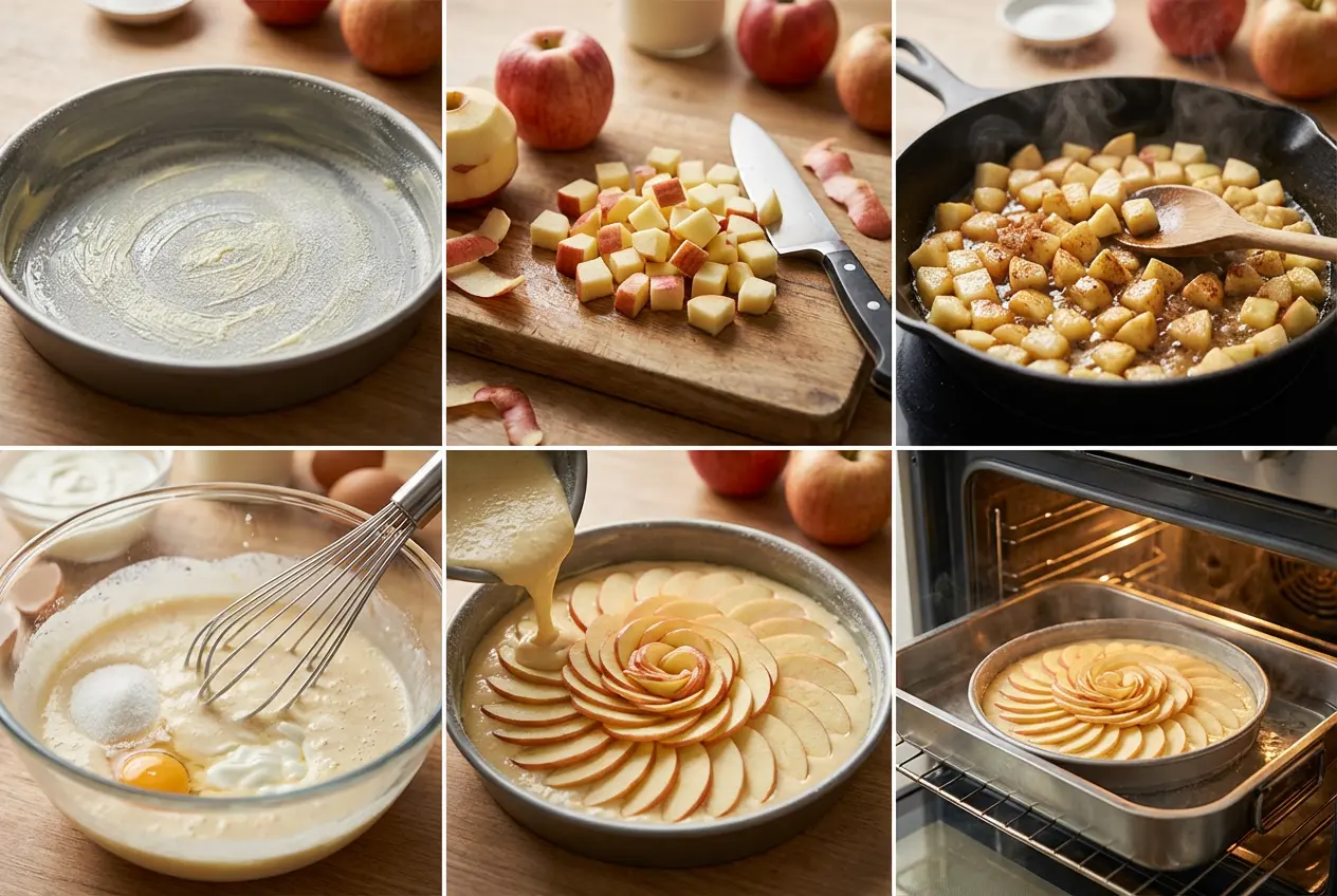 Moule rempli de l'appareil à Flan Maison Pommes–Yaourt et des dés de pommes, placé dans un grand plat rempli d'eau chaude (bain-marie).