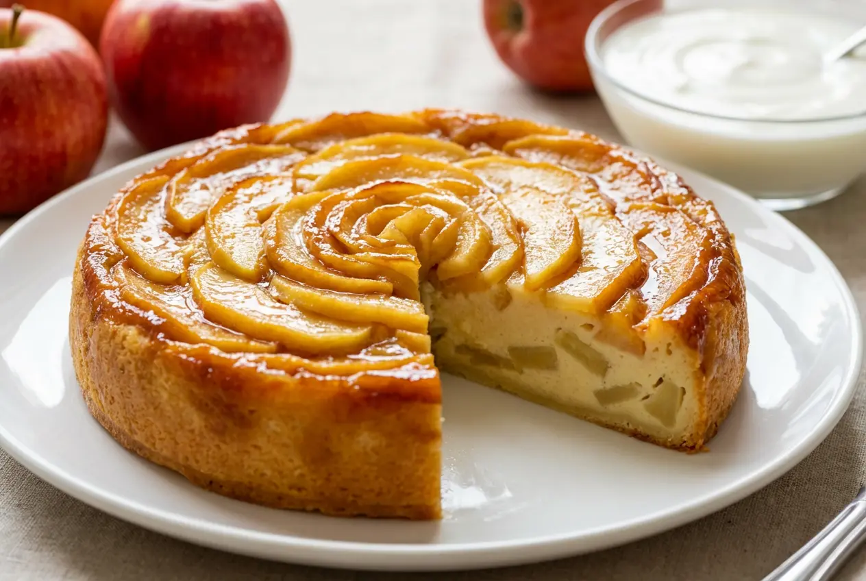 Tranche de Flan Maison Pommes–Yaourt servie sur une assiette, révélant la texture fondante avec des morceaux de pommes visibles.