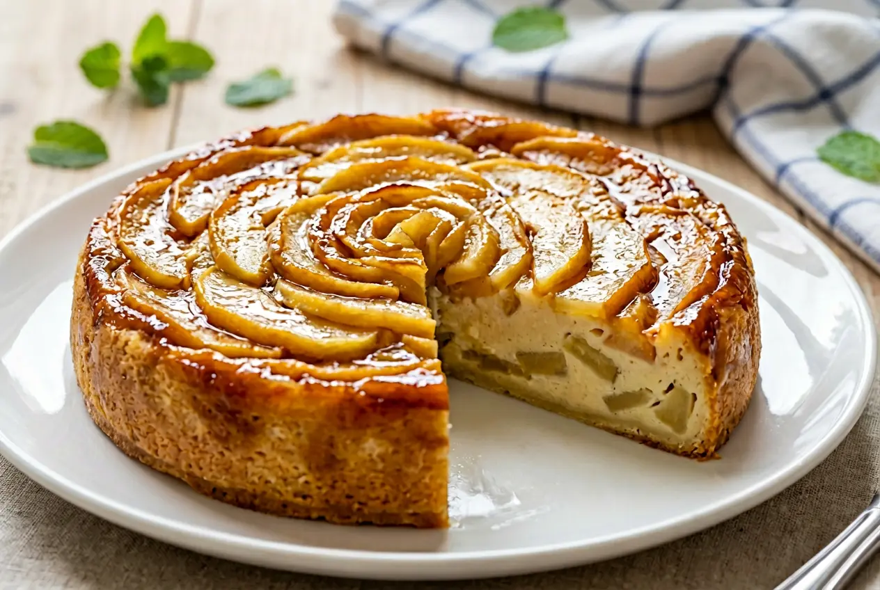 Tranche de Flan Maison Pommes–Yaourt servie sur une assiette, révélant la texture fondante avec des morceaux de pommes visibles.