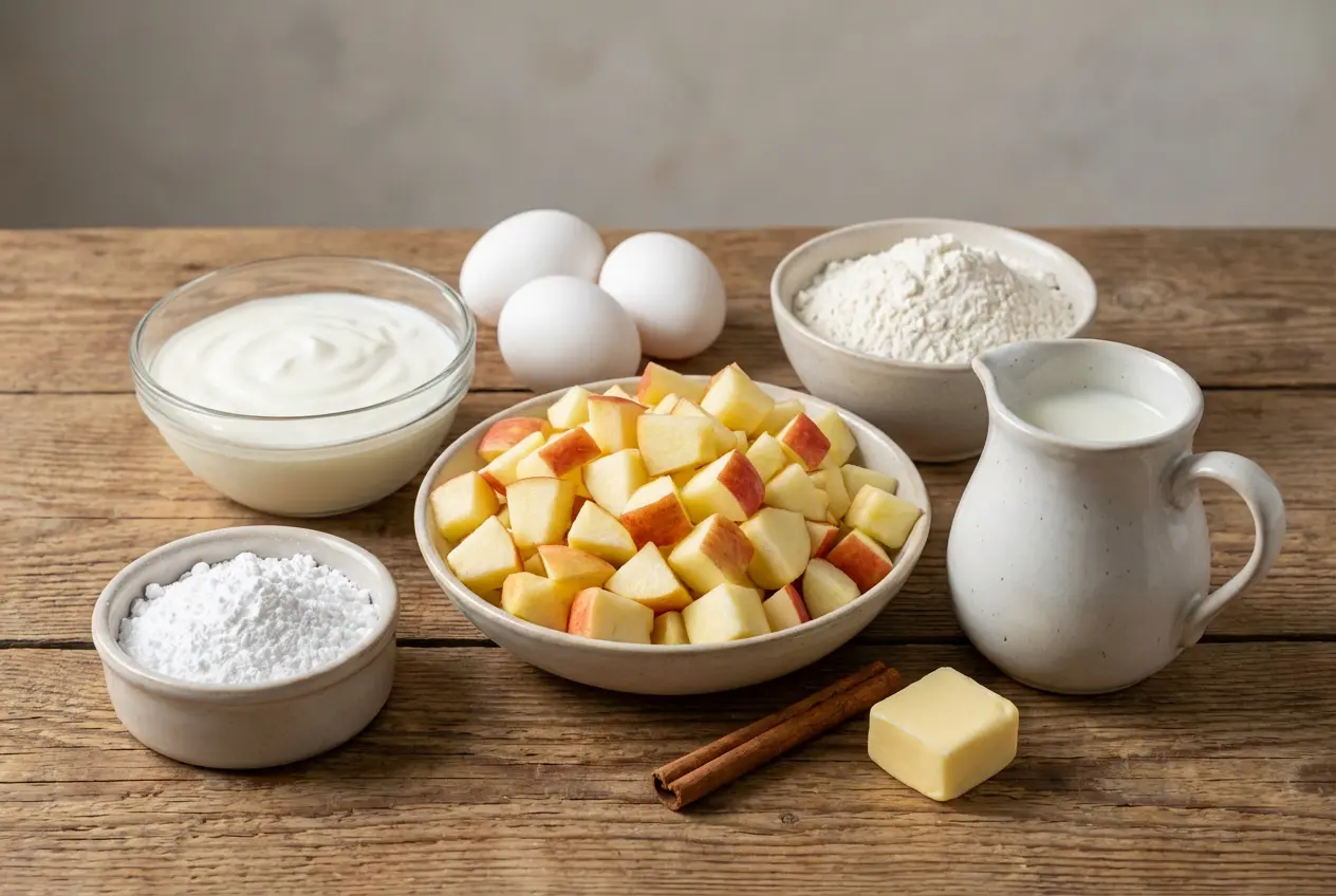 Tous les ingrédients de base pour le Flan Maison Pommes–Yaourt : yaourt nature, œufs, pommes rouges, sucre et lait, disposés sur une planche à découper.