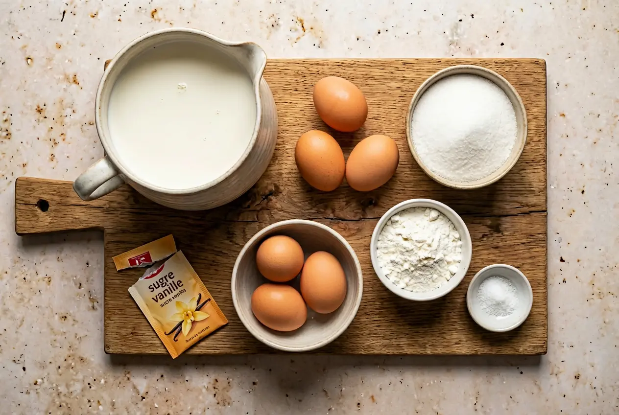 Ingrédients du flan sans pâte disposés sur une planche en bois avec lait, œufs, sucre, Maïzena et vanille.