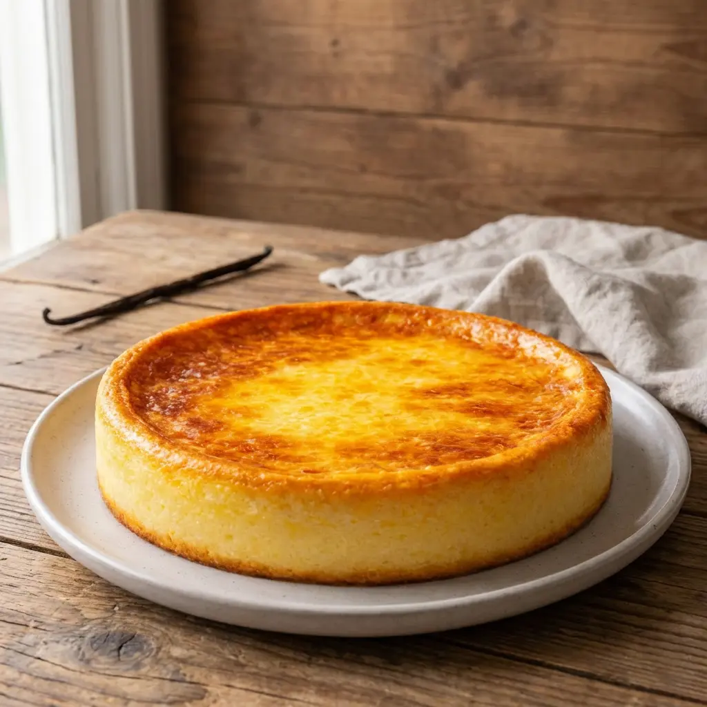 Flan SANS PÂTE doré, encore dans son moule rond après la cuisson au four.