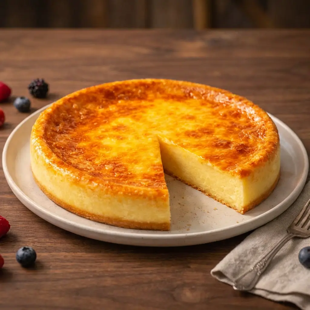 Flan SANS PÂTE doré, encore dans son moule rond après la cuisson au four.