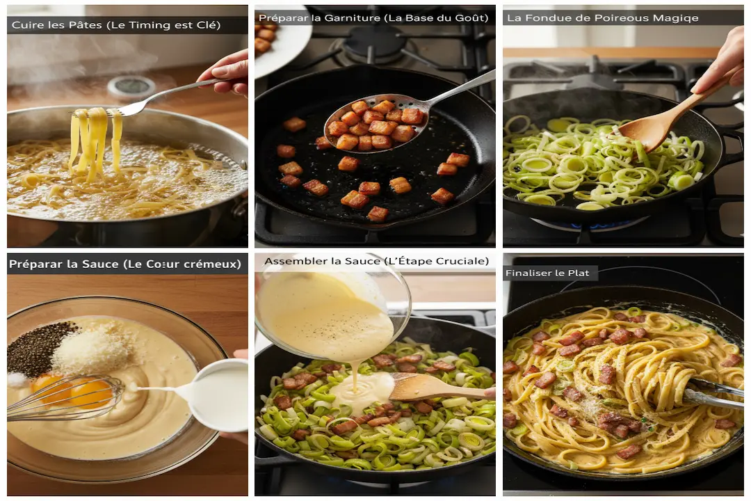 Collage en 6 étapes montrant comment préparer les poireaux à la carbonara, de la cuisson des pâtes à l'assemblage de la sauce.