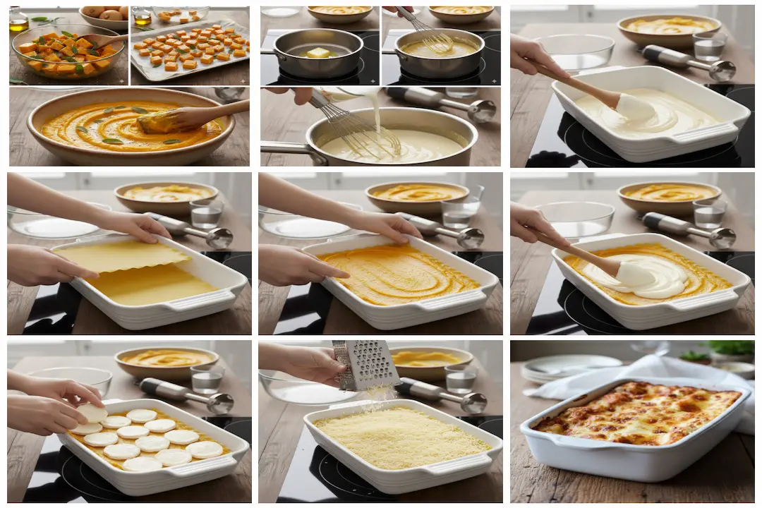les étapes du montage d'une lasagne dans un plat de cuisson blanc. La première montre l'étalage de la sauce tomate sur les premières feuilles de lasagne, la seconde l'ajout de la ricotta, la troisième la couche de viande hachée, et la quatrième l'ajout de parmesan râpé sur la couche supérieure.