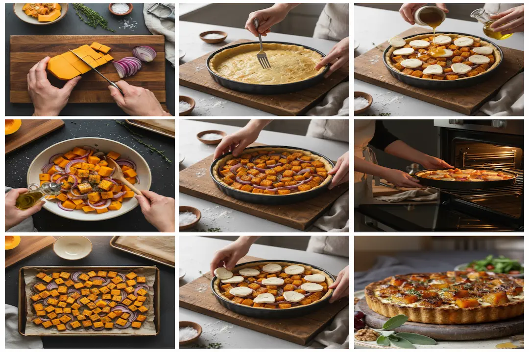 Tarte salée avant cuisson, montrant les dés de butternut rôtis, les rondelles de chèvre disposées et le miel liquide versé sur le tout.