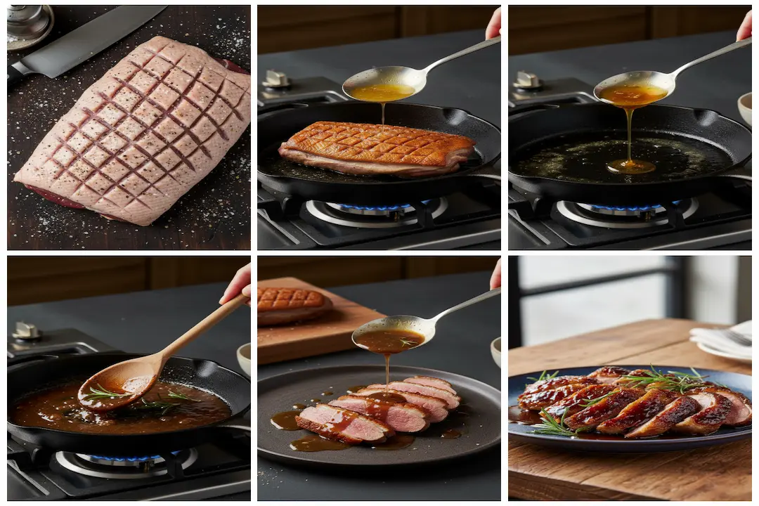 Cuisson Parfaite : Rendre la Peau Hyper Croustillante Magret de canard en cours de cuisson dans une poêle chaude sur le côté peau. La peau, dorée et très croustillante, laisse fondre la graisse dans la poêle. Des ustensiles de cuisine peuvent être visibles à proximité.