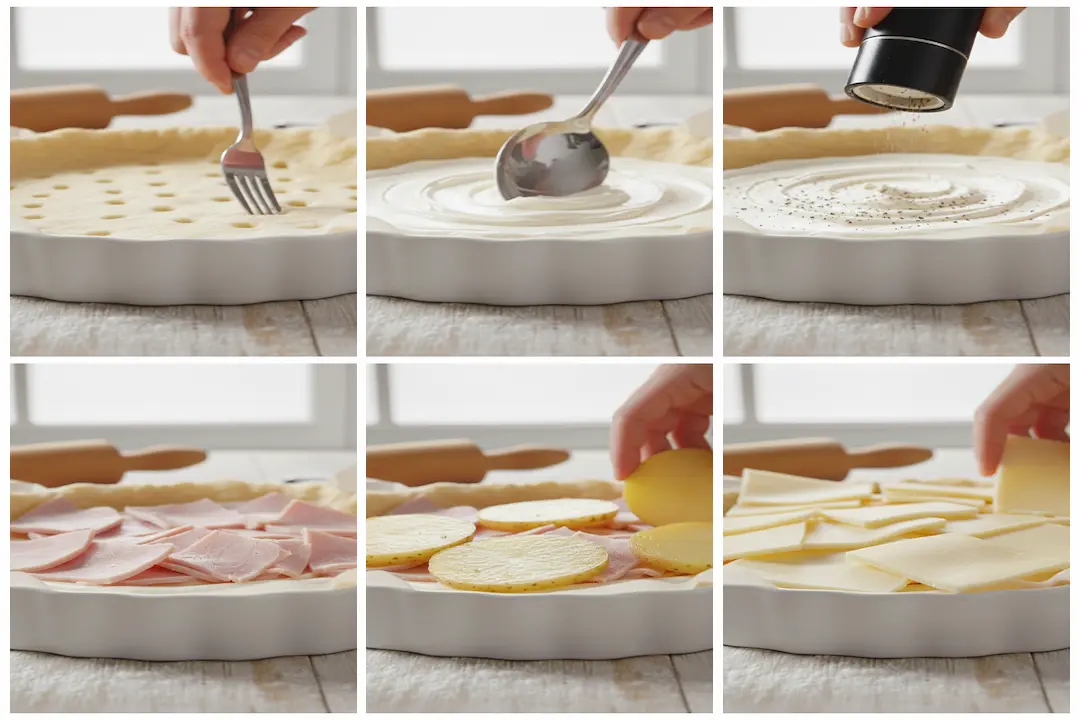 Montage de la Tarticlette : L'ajout généreux du fromage à raclette Étape de montage de la Tarticlette : ajout des tranches de fromage à raclette sur la garniture de jambon et de pommes de terre avant la cuisson.