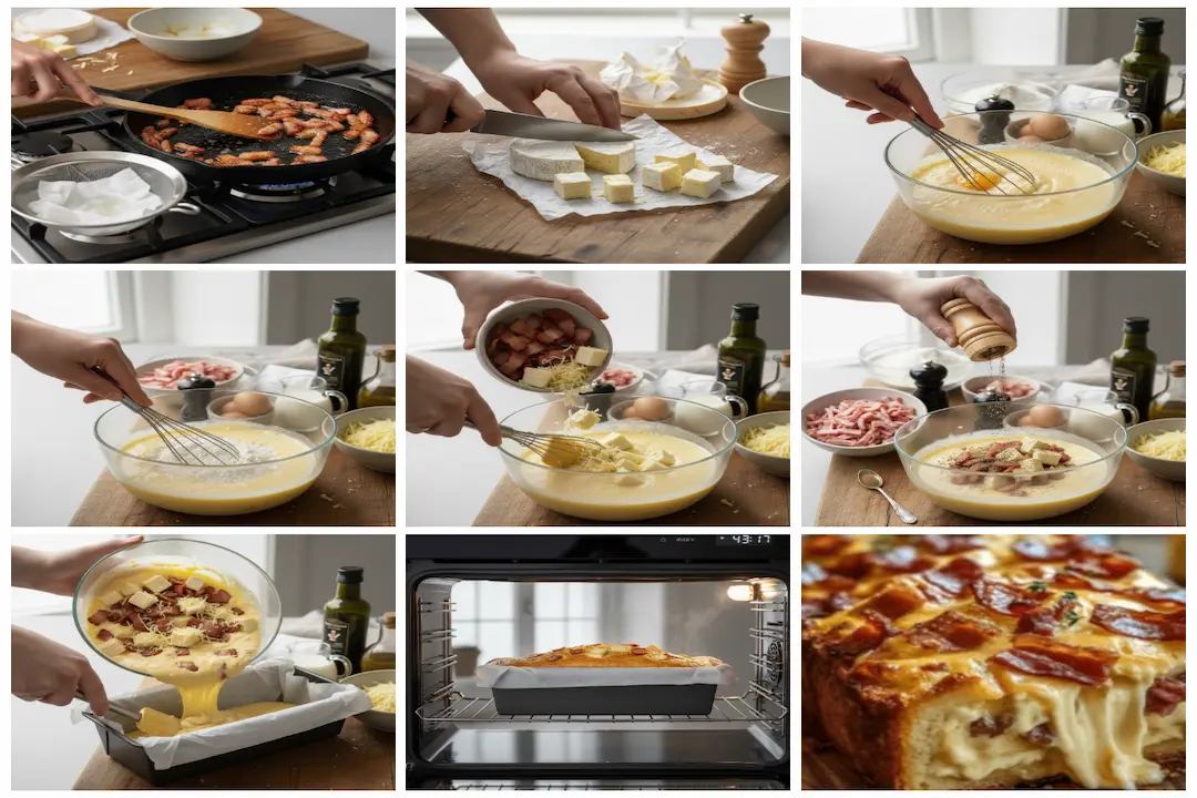 preparation-mise-en-moule-cake-camembert-lardons Verser la pâte à cake camembert & lardons dans le moule à cake beurré.