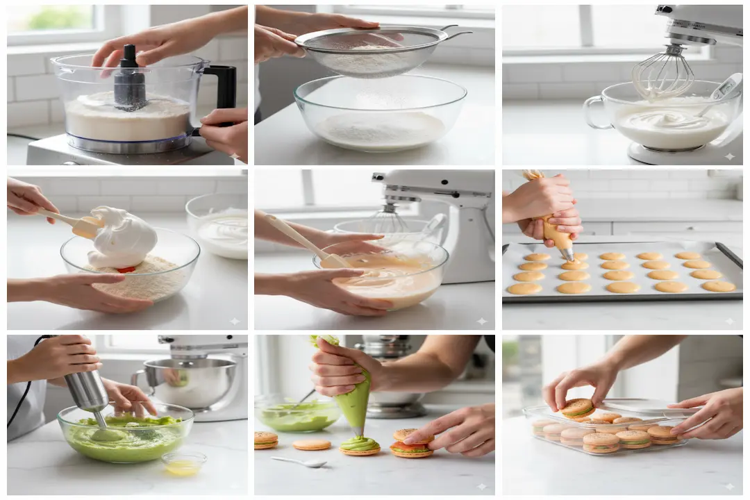 Instruction Assemblage Macarons Salés Saumon Avocat Étape de montage d'un macaron salé : une poche à douille dépose de la crème d'avocat sur une coque de macaron orange.