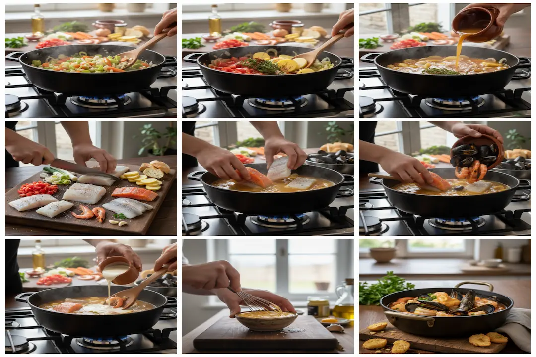 Cuisson du bouillon : Légumes pour la Marmite de la Mer Étape de la recette : Faire suer l'oignon, le poireau, la carotte et l'ail dans l'huile d'olive dans une grande marmite.