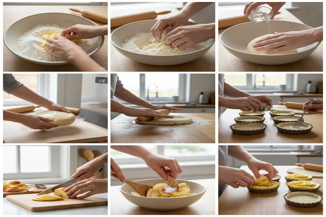 Le Façonnage en Rosace des Tartelettes Préparation : Disposition des fines tranches de pommes en rosace sur les fonds de pâte brisée avant la cuisson.