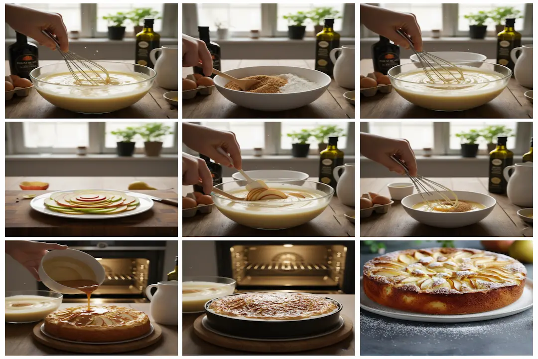 Main mélangeant les ingrédients liquides (lait, œufs, huile d'olive) dans un saladier pour la pâte du Gâteau Fondant Pommes-Poires.