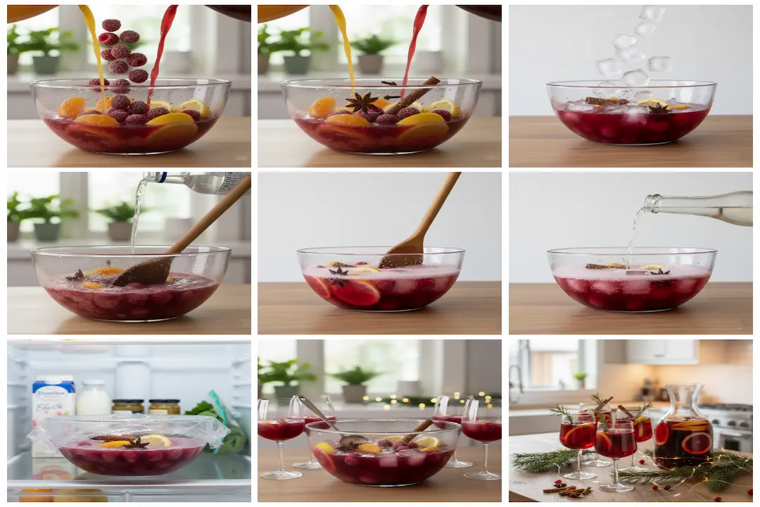 Preparation-Sangria-de-Noel-melange-jus Étape de préparation de la Sangria de Noël montrant le versement du jus d'orange et du jus de canneberge dans un grand pichet en verre.