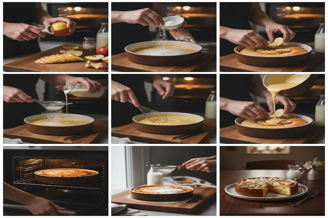 verser-pate-clafoutis-pommes-moule Verser l'appareil à clafoutis sur les lamelles de pommes dans le moule avant la cuisson.