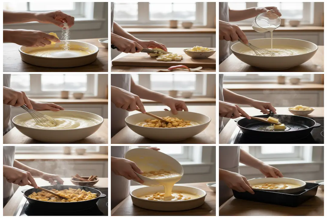 Moule rempli de l'appareil à Flan Maison Pommes–Yaourt et des dés de pommes, placé dans un grand plat rempli d'eau chaude (bain-marie).