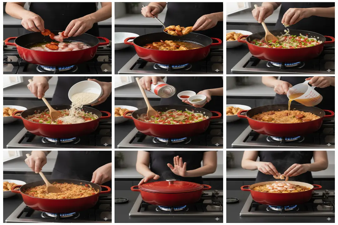 La "Sainte Trinité" créole (poivrons, céleri, oignon) en train de revenir dans une cocotte en fonte pour la base du Jambalaya Créole.