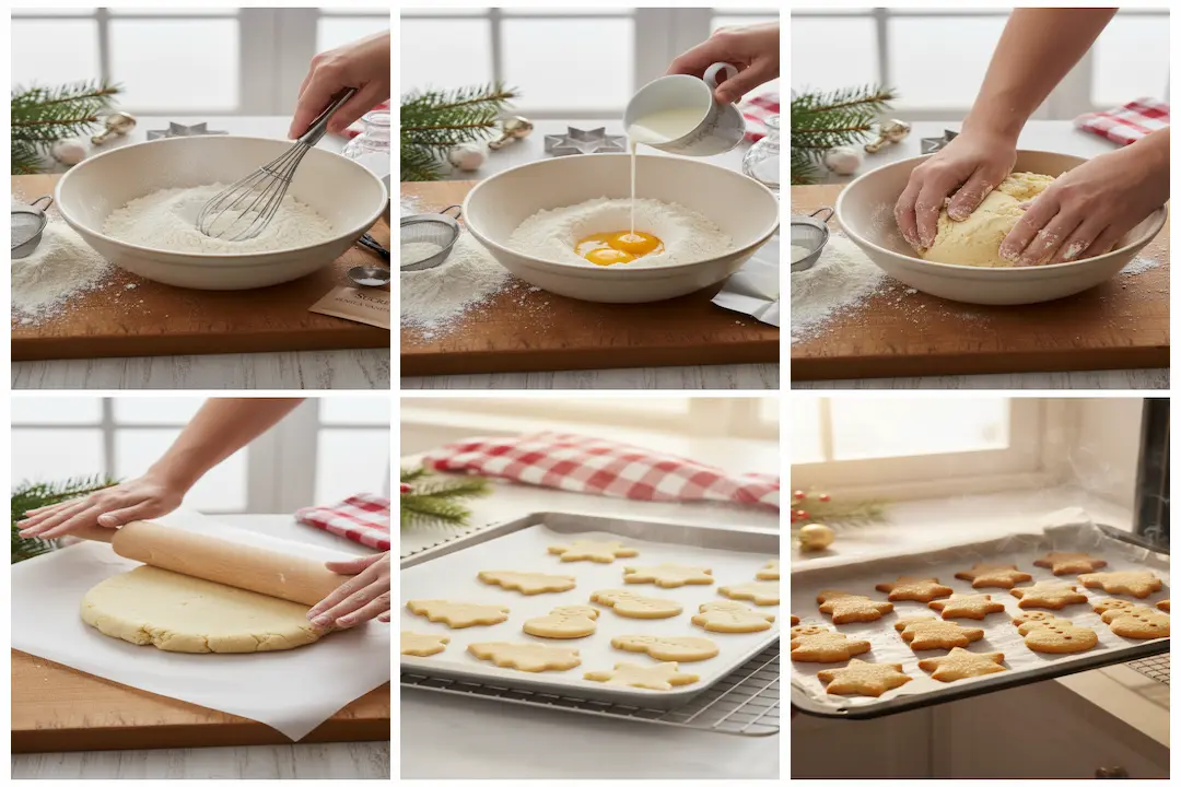 Pétrissage de la pâte à Biscuits Sablés de Noël Main pétrie pâte à biscuits sablés de Noël dans un bol, mélangeant farine, sucre, œufs, beurre.