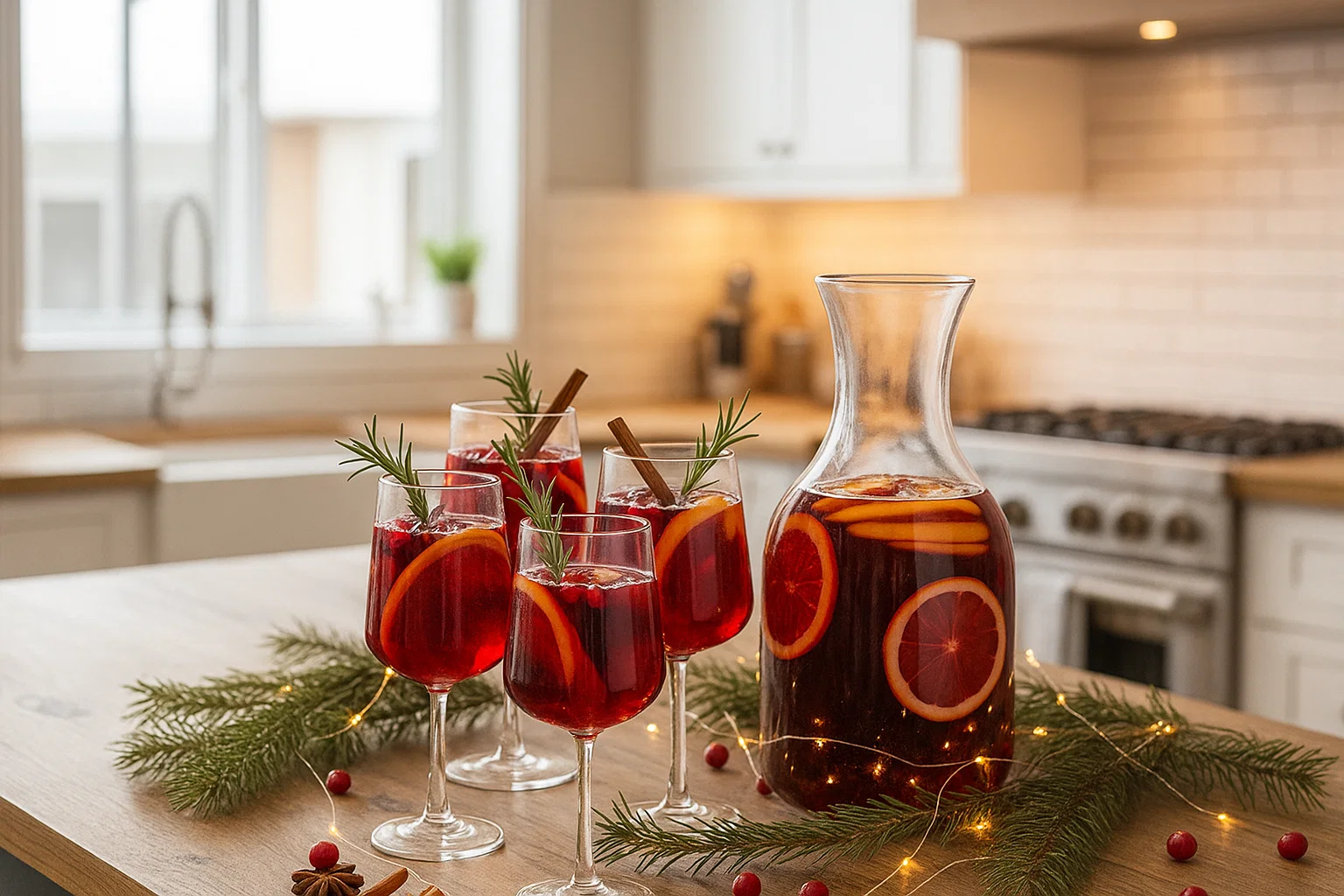 Pichet-Sangria-de-Noel-terminee Un grand pichet de Sangria de Noël finie, rempli de cocktail rouge pétillant, de tranches d'agrumes, de framboises et de glaçons.