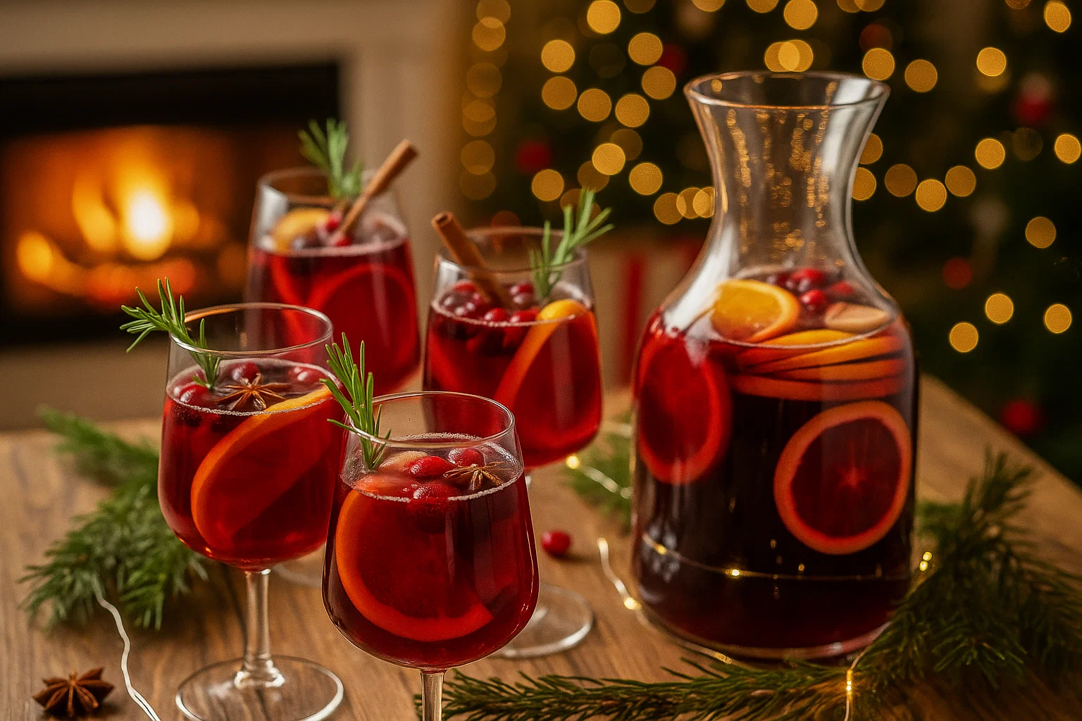 Un verre de Sangria de Noël pétillante, garni d'une tranche de citron et de framboises, servi dans un verre à vin pour les fêtes.
