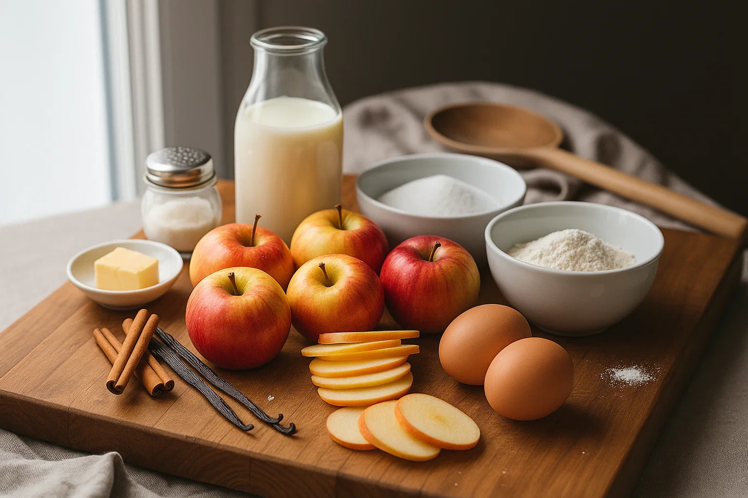 ingredients-clafoutis-express-aux-pommes Ingrédients pour le Clafoutis Express aux Pommes sur une table : pommes, œufs, farine, sucre et crème.