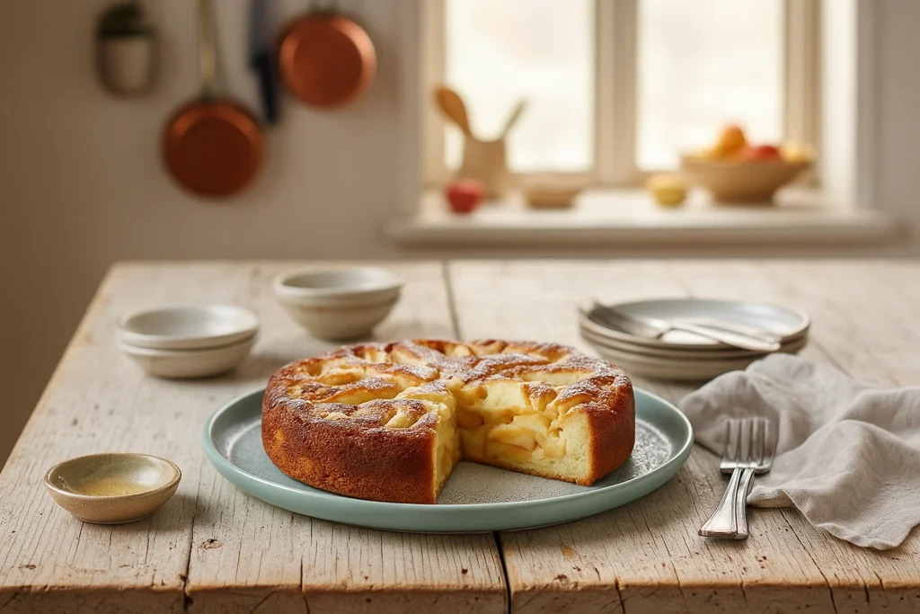 Le Clafoutis Express aux Pommes, doré et gonflé, à la sortie du four dans son plat de cuisson.