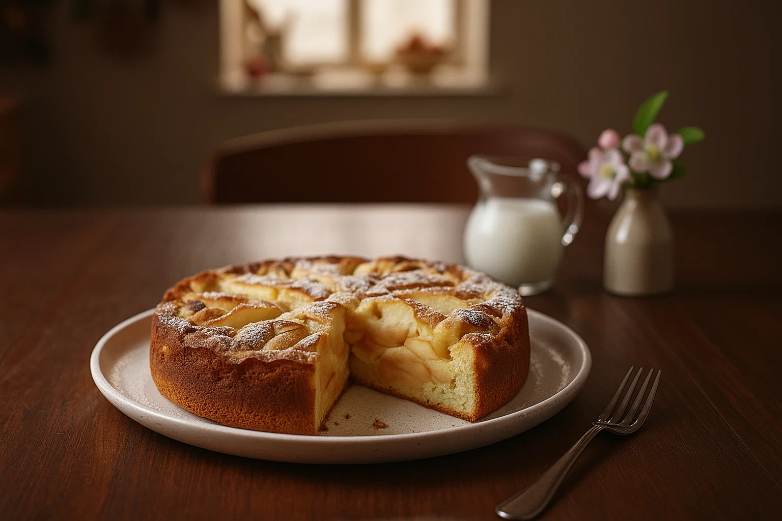 clafoutis-express-aux-pommes-dore-au-four Le Clafoutis Express aux Pommes, doré et gonflé, à la sortie du four dans son plat de cuisson.