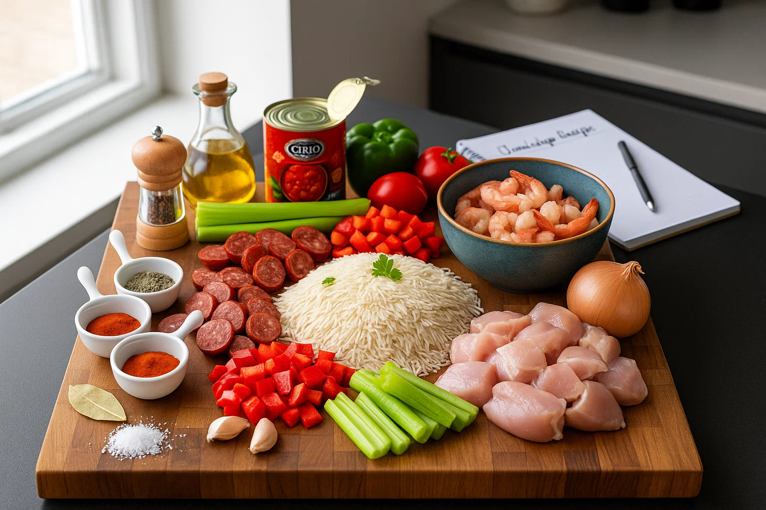 Ingrédients crus pour le Jambalaya Créole, incluant riz, poulet, crevettes, saucisses, et la sainte trinité de légumes sur une planche en bois.