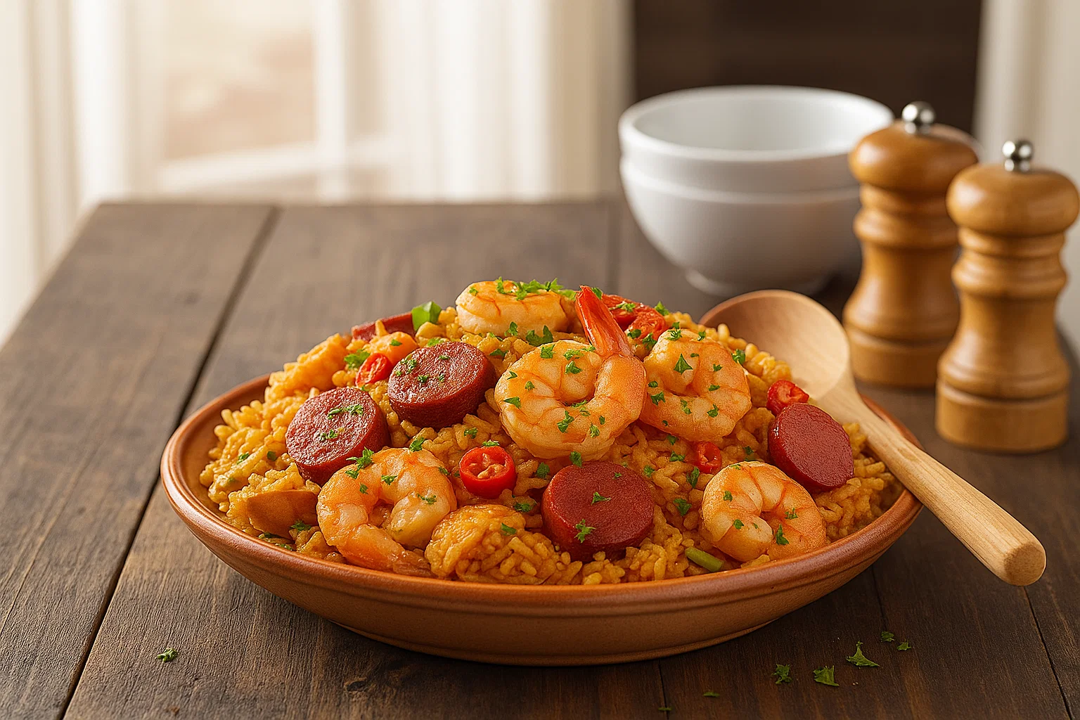Une assiette de Jambalaya Créole servie dans un bol noir, montrant le riz, le poulet et les crevettes, avec une touche de persil.