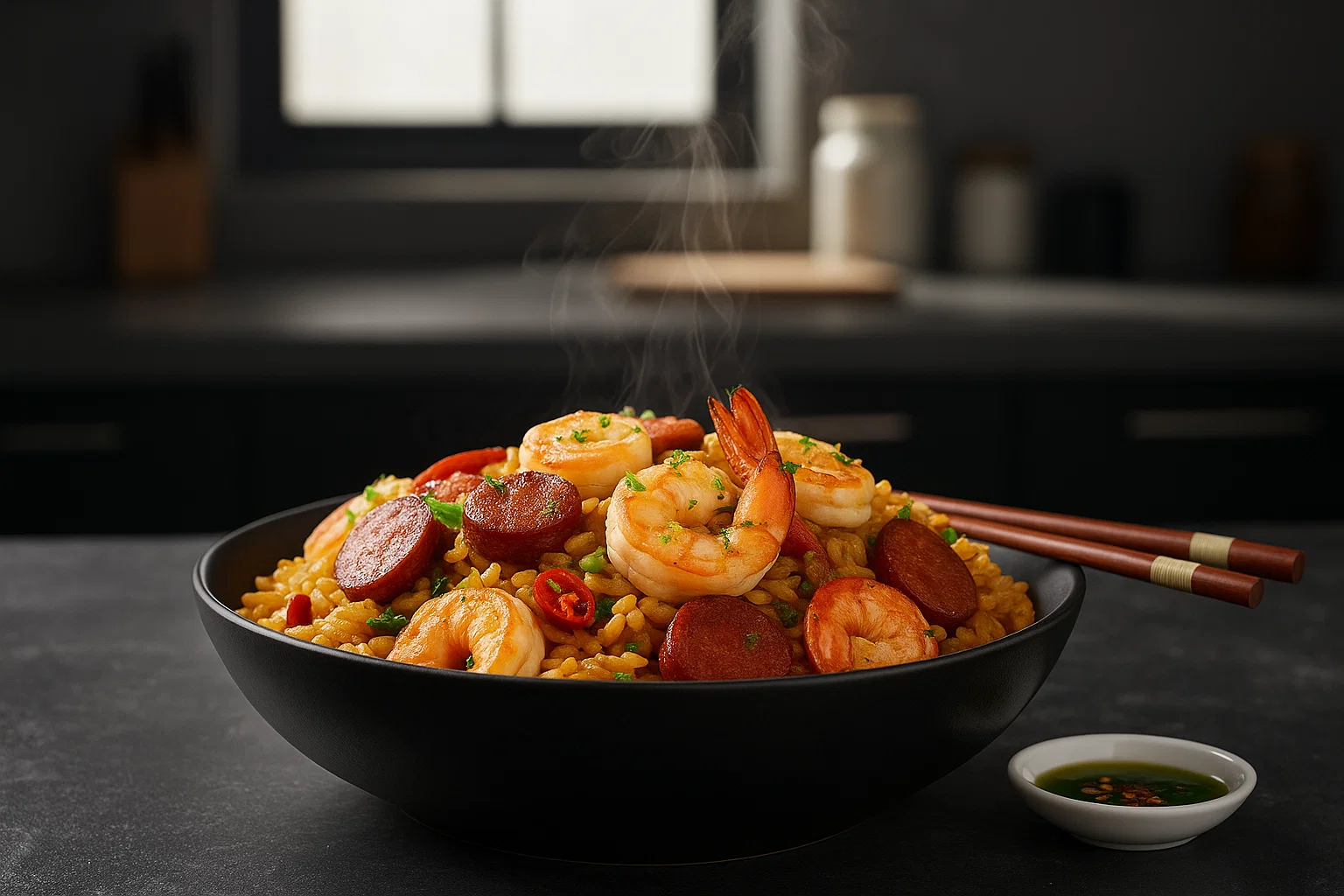 Une assiette de Jambalaya Créole servie dans un bol noir, montrant le riz, le poulet et les crevettes, avec une touche de persil.