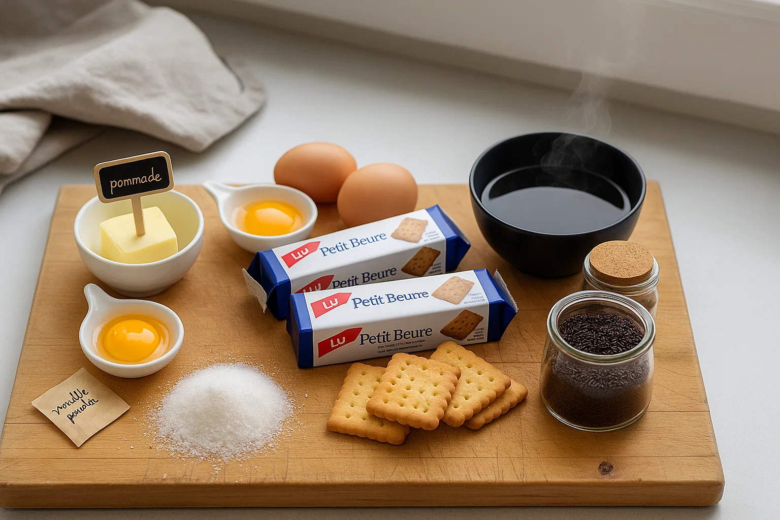Ingrédients Gâteau Petit Beurre au Café Ingrédients pour Gâteau Petit Beurre au Café avec beurre, œufs, sucre, café, biscuits, vermicelles
