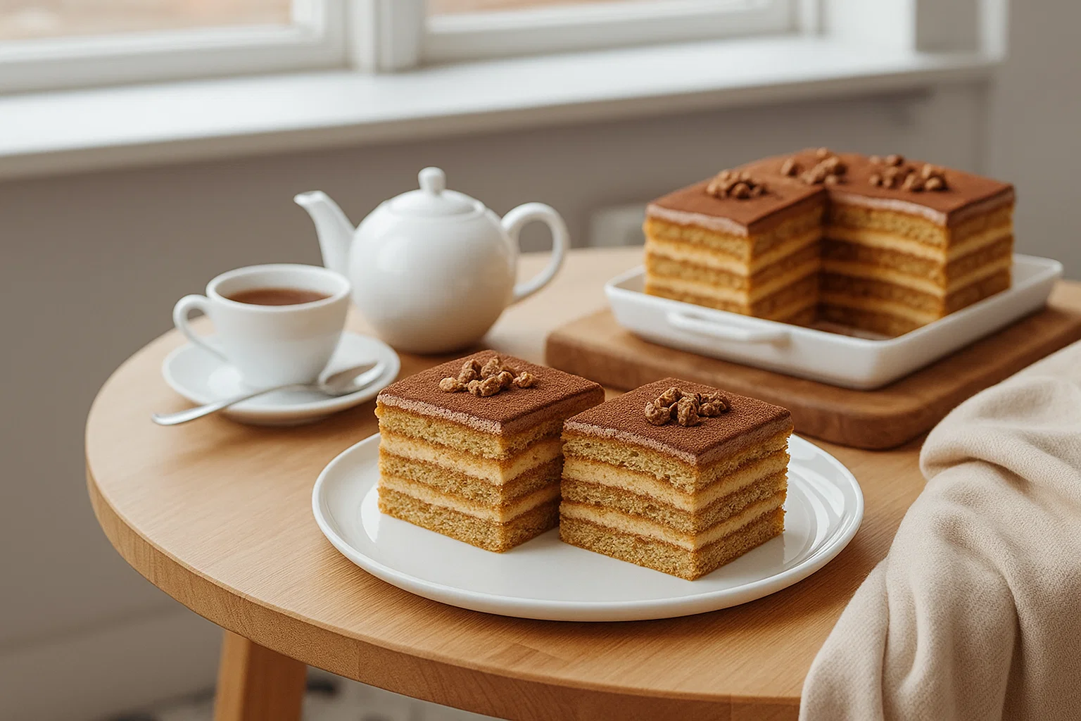 Gâteau Petit Beurre au Café Plat Familial Gâteau Petit Beurre au Café coupé en parts avec glaçage chocolat et noix dans plat blanc