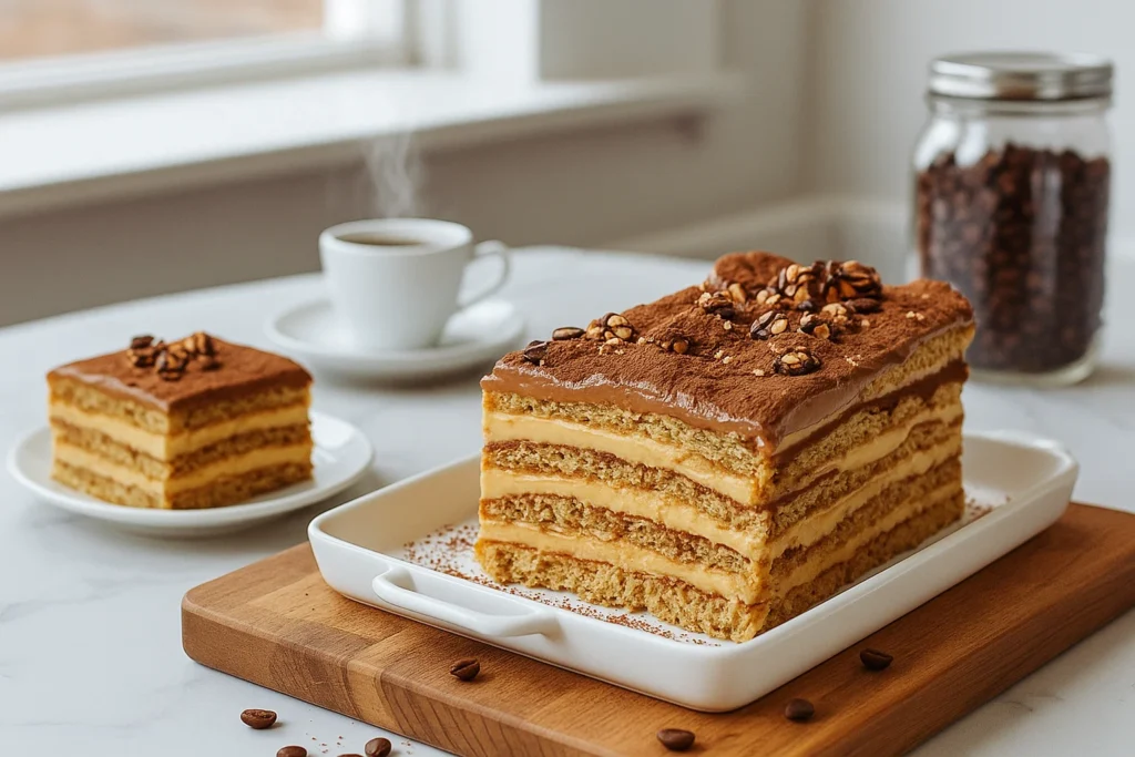 Gâteau Petit Beurre au Café coupé en parts avec glaçage chocolat et noix dans plat blanc
