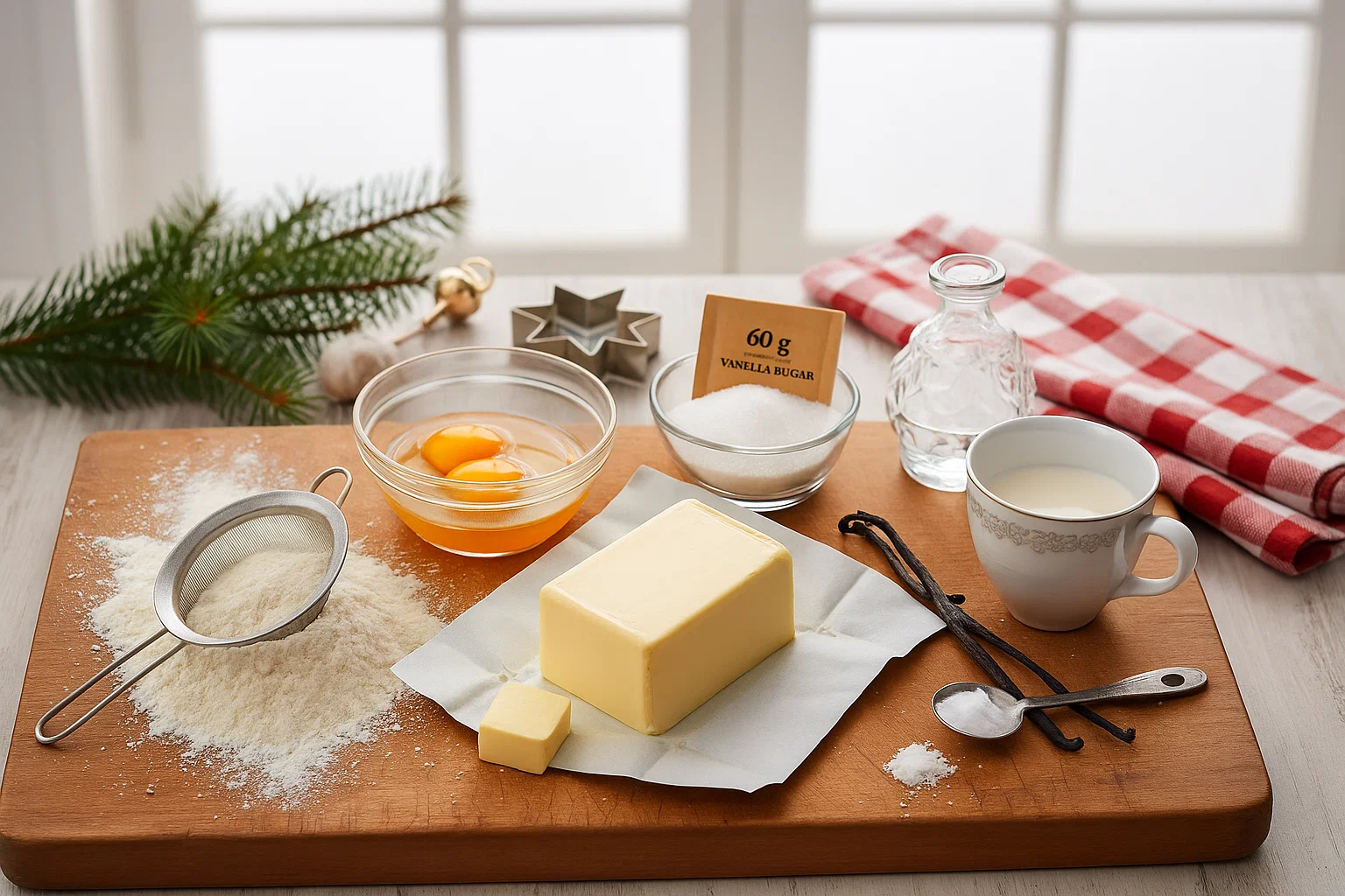 Ingrédients clés pour les Biscuits Sablés de Noël Ingrédients pour biscuits sablés de Noël : farine, jaunes d'œufs, beurre ramolli, sucre glace, crème liquide, sucre vanillé, sel sur planche en bois.