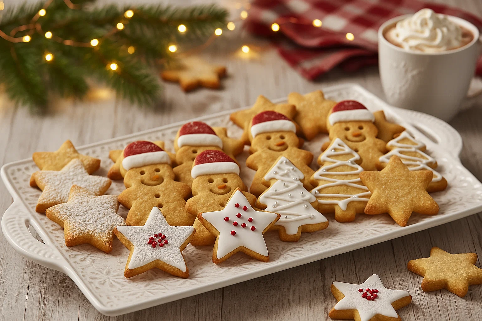 Assortiment Festif de Biscuits Sablés de Noël Grand plateau en bois rempli de Biscuits sablés de Noël décorés, près d'une tasse de chocolat chaud et guirlande lumineuse.