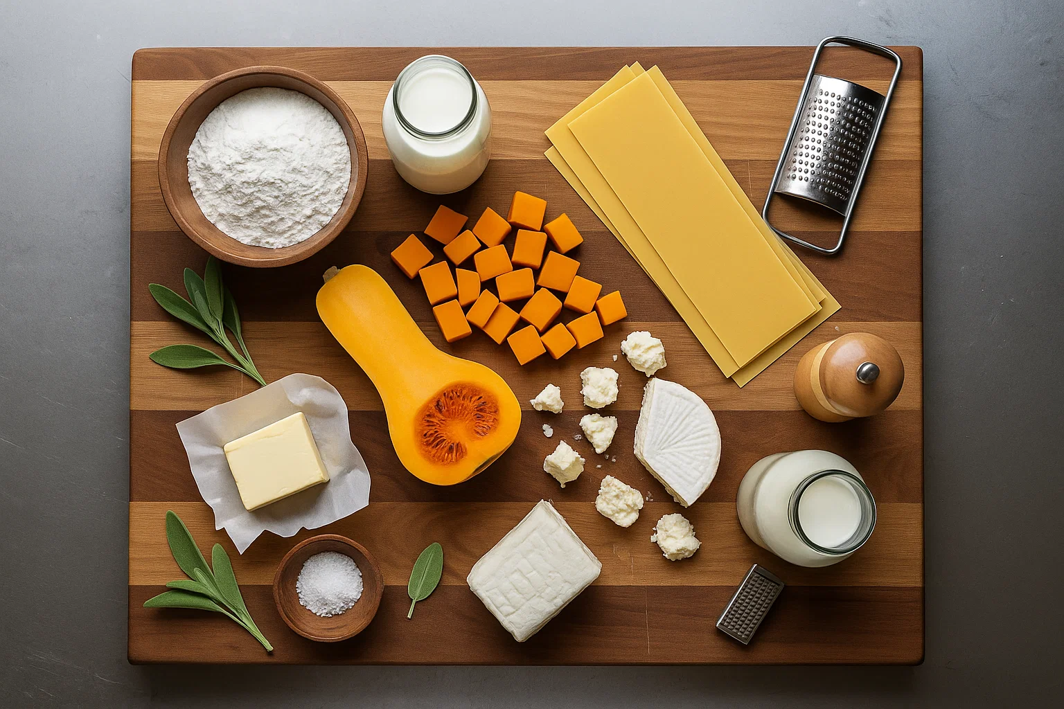 Vue de dessus des ingrédients frais pour la préparation d'une lasagne, disposés sur une table en bois rustique. On y voit des feuilles de lasagne, de la viande hachée, de la ricotta, du parmesan râpé, de la sauce tomate, des tomates fraîches, de l'huile d'olive, du basilic, du persil, de l'ail et un mélange de poivres.