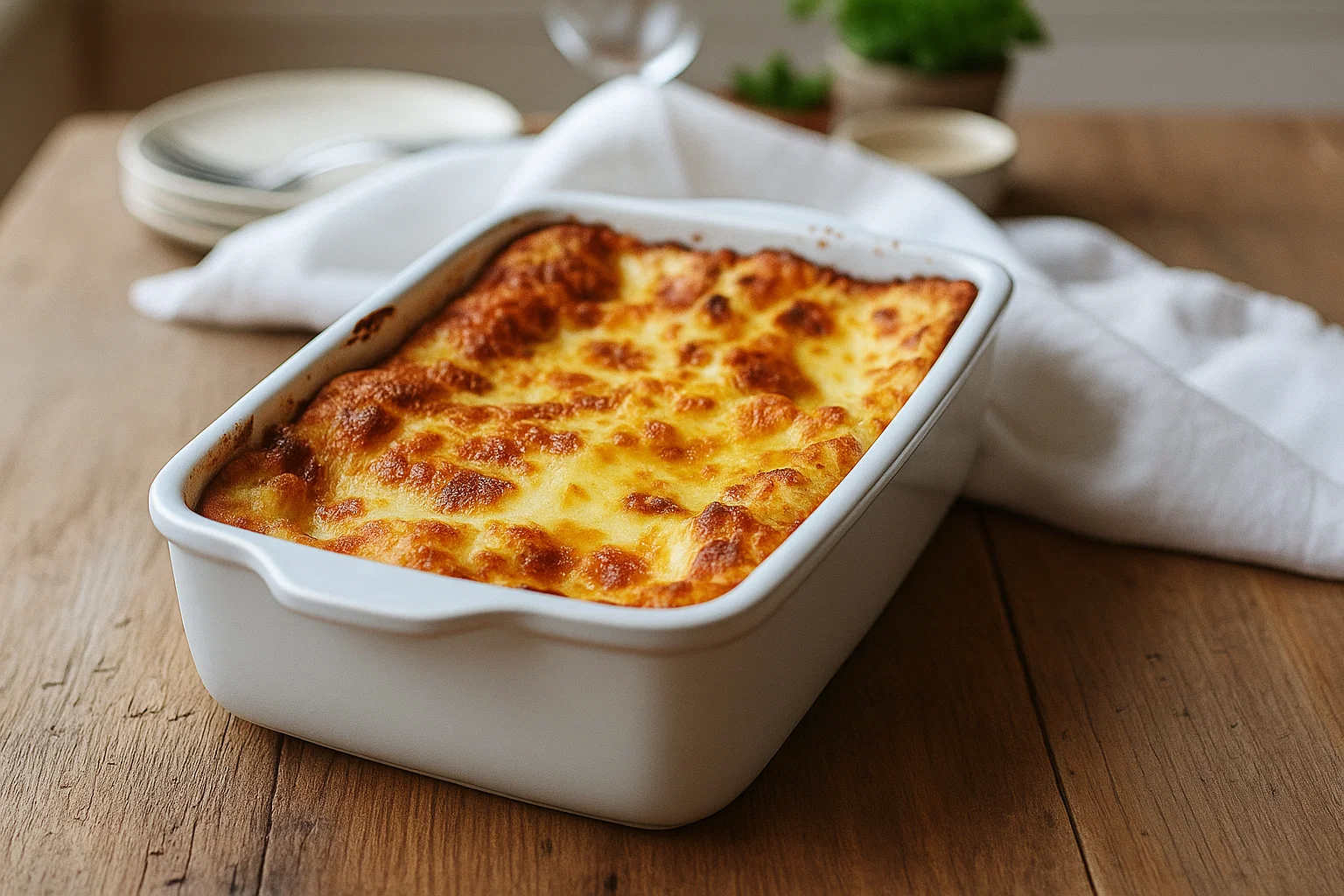 un plat rectangulaire de lasagne dorée et bouillonnante. La vapeur s'échappe légèrement du plat.