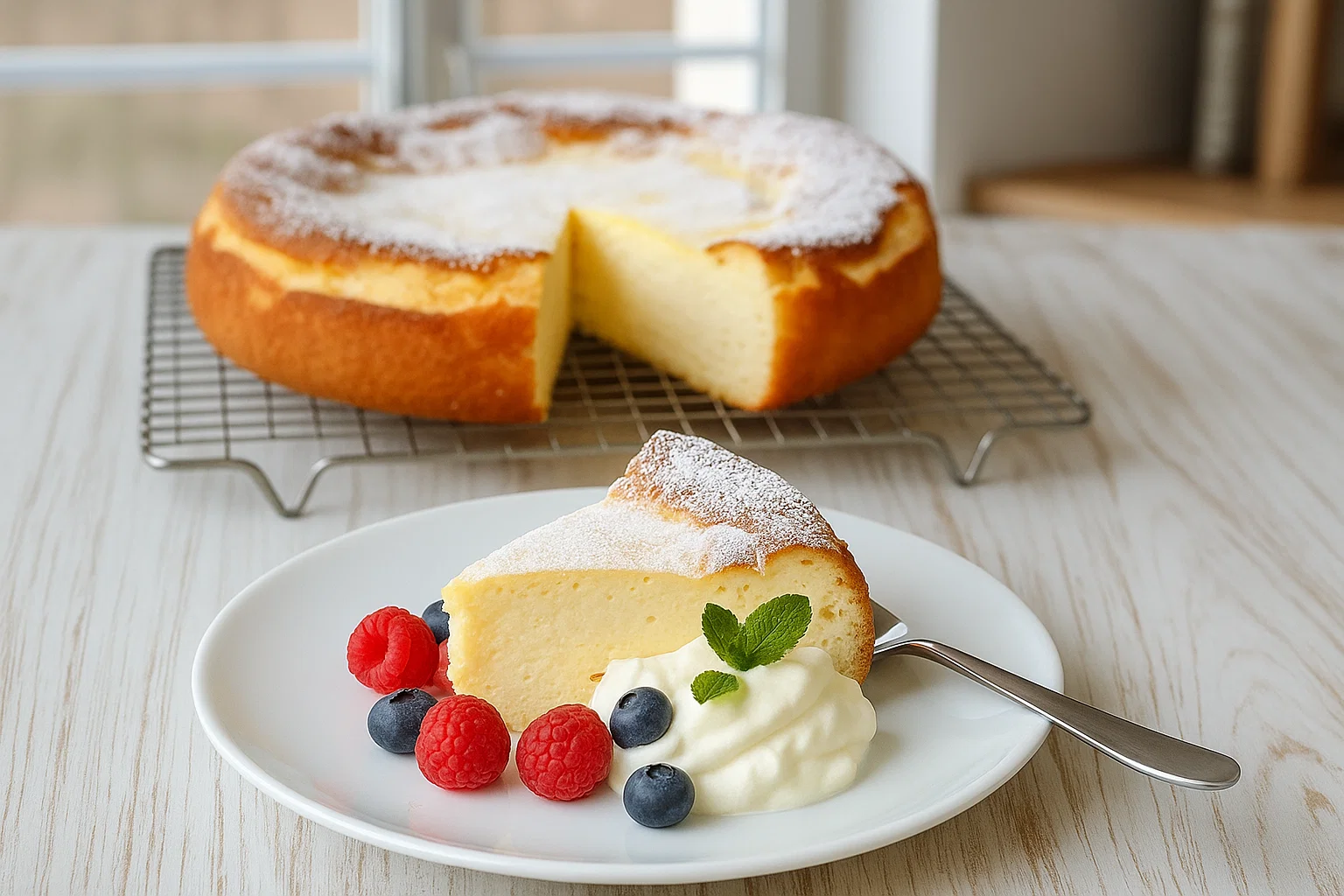Le Gâteau Ultra-Crémeux aux Yaourts Parfait : Moelleux et Doré Gâteau Ultra-Crémeux aux Yaourts coupé en part, montrant une texture crémeuse et dorée.