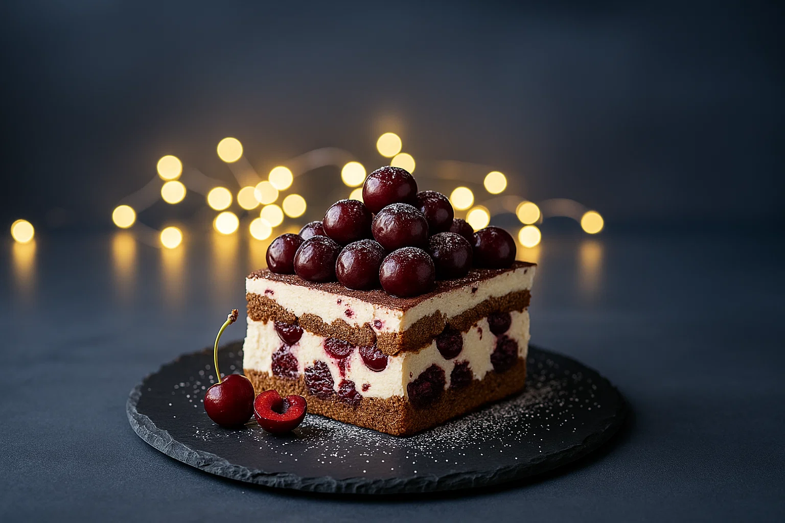 Votre Tiramisu Forêt-Noire, prêt à être dégusté ! Tiramisu Forêt-Noire riche et onctueux, saupoudré de cacao, avec des couches de crème, biscuits, cerises et chocolat visibles dans un plat élégant.
