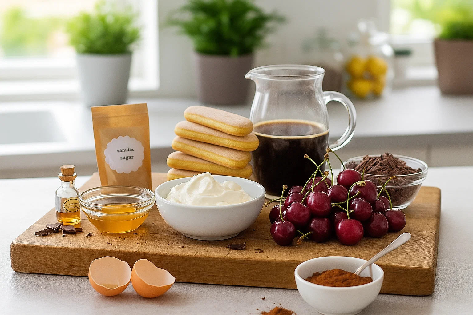 Tous les ingrédients pour un Tiramisu Forêt-Noire facile Ingrédients du Tiramisu Forêt-Noire frais : mascarpone, œufs, sucre, biscuits à la cuillère, cerises, chocolat noir, café froid, cacao et Kirsch.