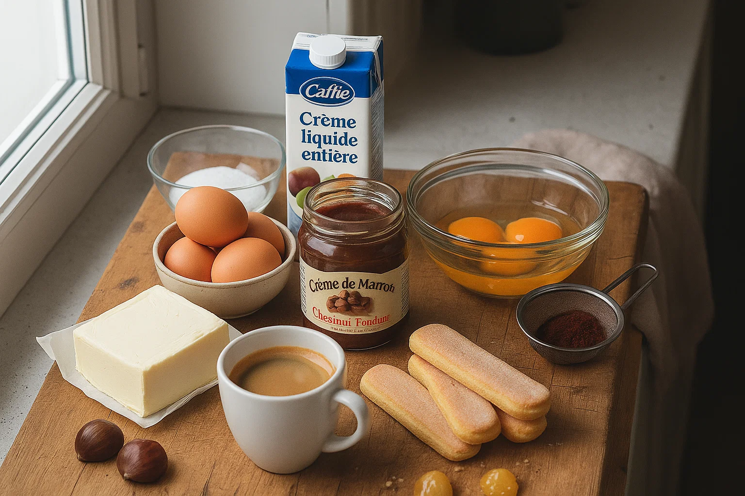 Ingrédients pour un Verrine Tiramisu aux Marrons Une vue de dessus d'ingrédients pour un dessert aux marrons sur une planche en bois près d'une fenêtre. On y voit des œufs, du sucre, du beurre, un pot de crème de marrons, de la crème liquide, des biscuits à la cuillère, une tasse de café, et quelques marrons frais.