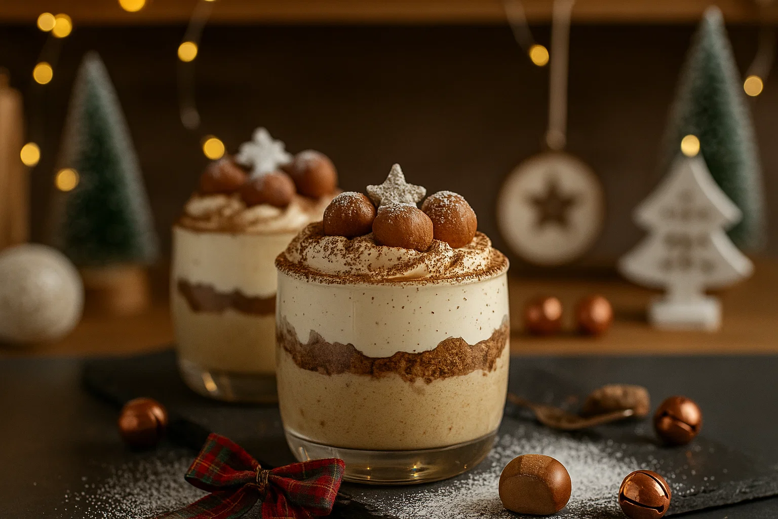 Deux verrines de dessert aux marrons décorées pour Noël, posées sur une surface foncée avec des décorations festives floues en arrière-plan.
