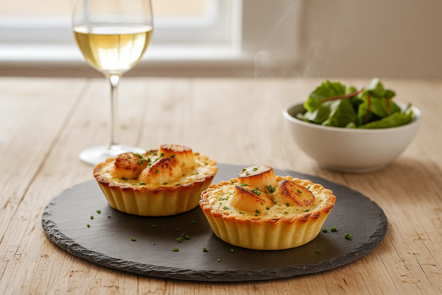 Deux tartelettes aux Saint-Jacques et fondue de poireaux fumantes sur petits présentoirs, avec verre de vin blanc et salade en arrière-plan.