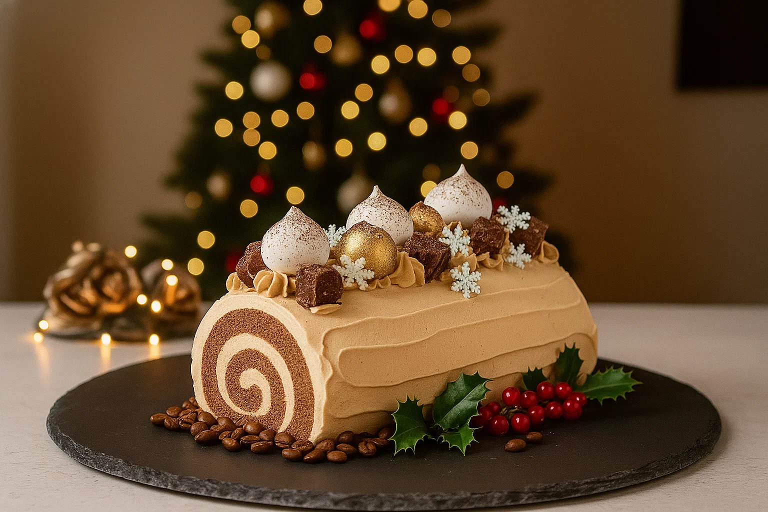 Une Bûche de Noël Moka décorée de motifs d'écorce avec une fourchette, saupoudrée de sucre glace et garnie de copeaux de chocolat et de petites décorations festives, posée sur un plat.