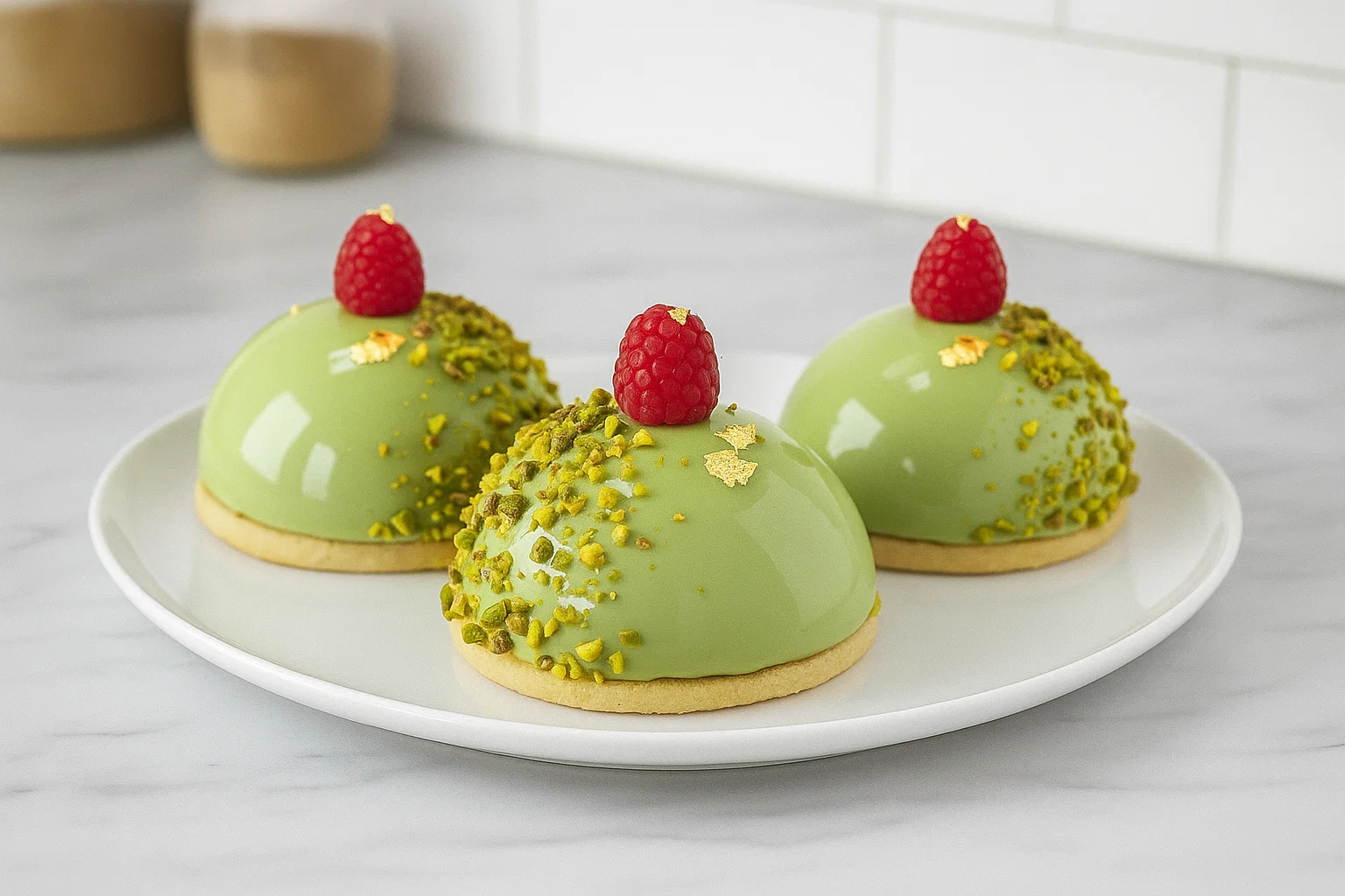 Dômes Pistache – Cœur Framboise finis, glaçés et décorés de pistaches concassées et framboises fraîches sur un plat élégant.