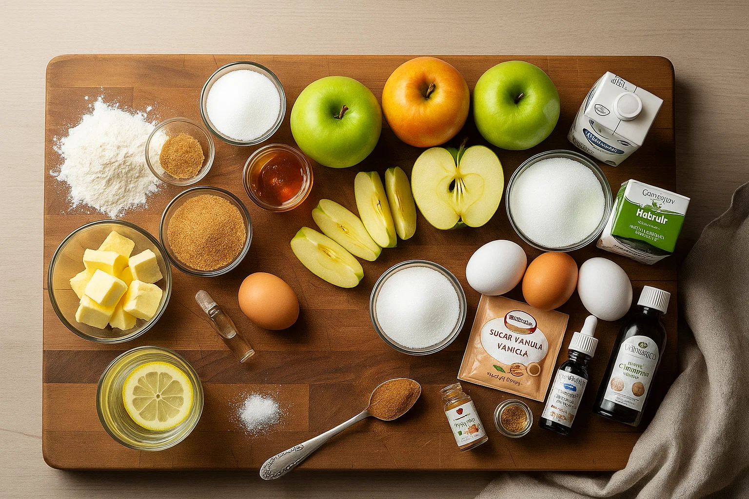 Ingrédients Frais pour Tarte aux Pommes Façon Crème Brûlée Tous les ingrédients frais et secs pour la Tarte aux Pommes Façon Crème Brûlée disposés sur une planche à découper en bois. On y voit de la farine, du beurre, des œufs, des pommes (Golden et Granny Smith), du sucre, de la cannelle, de la crème liquide et du sucre vanillé, prêts pour la préparation.