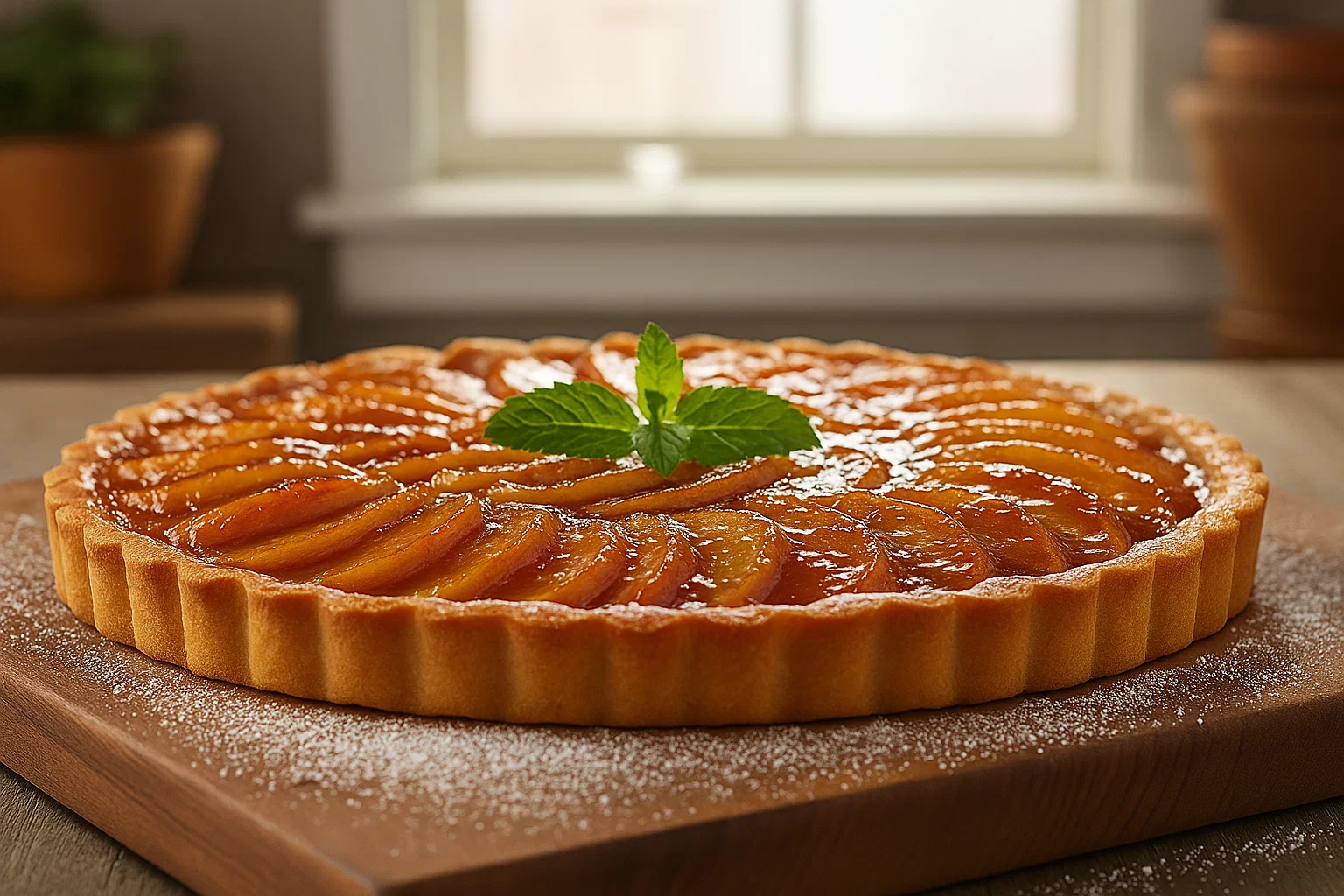 Votre Tarte aux Pommes Façon Crème Brûlée : La Perfection Dorée Tarte aux Pommes Façon Crème Brûlée entière, fraîchement caramélisée, croûte dorée et brillante.
