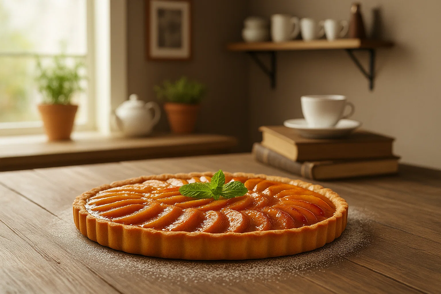Tarte aux Pommes Façon Crème Brûlée entière, fraîchement caramélisée, croûte dorée et brillante.