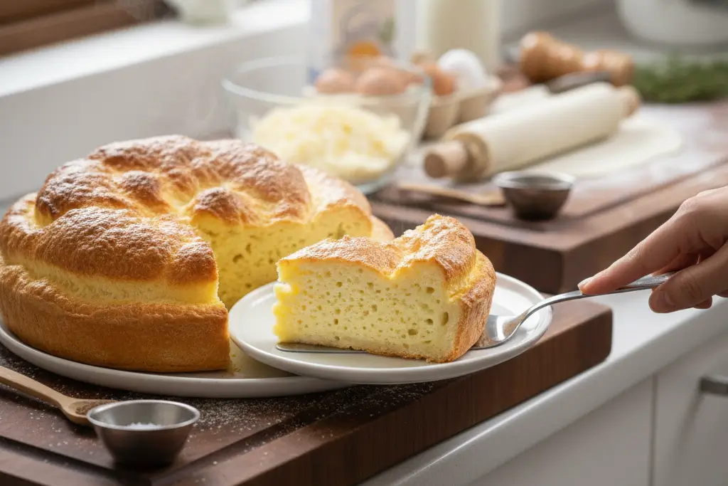 Quiche Soufflée au Fromage dorée et gonflée sortant du four, servie sur une table.