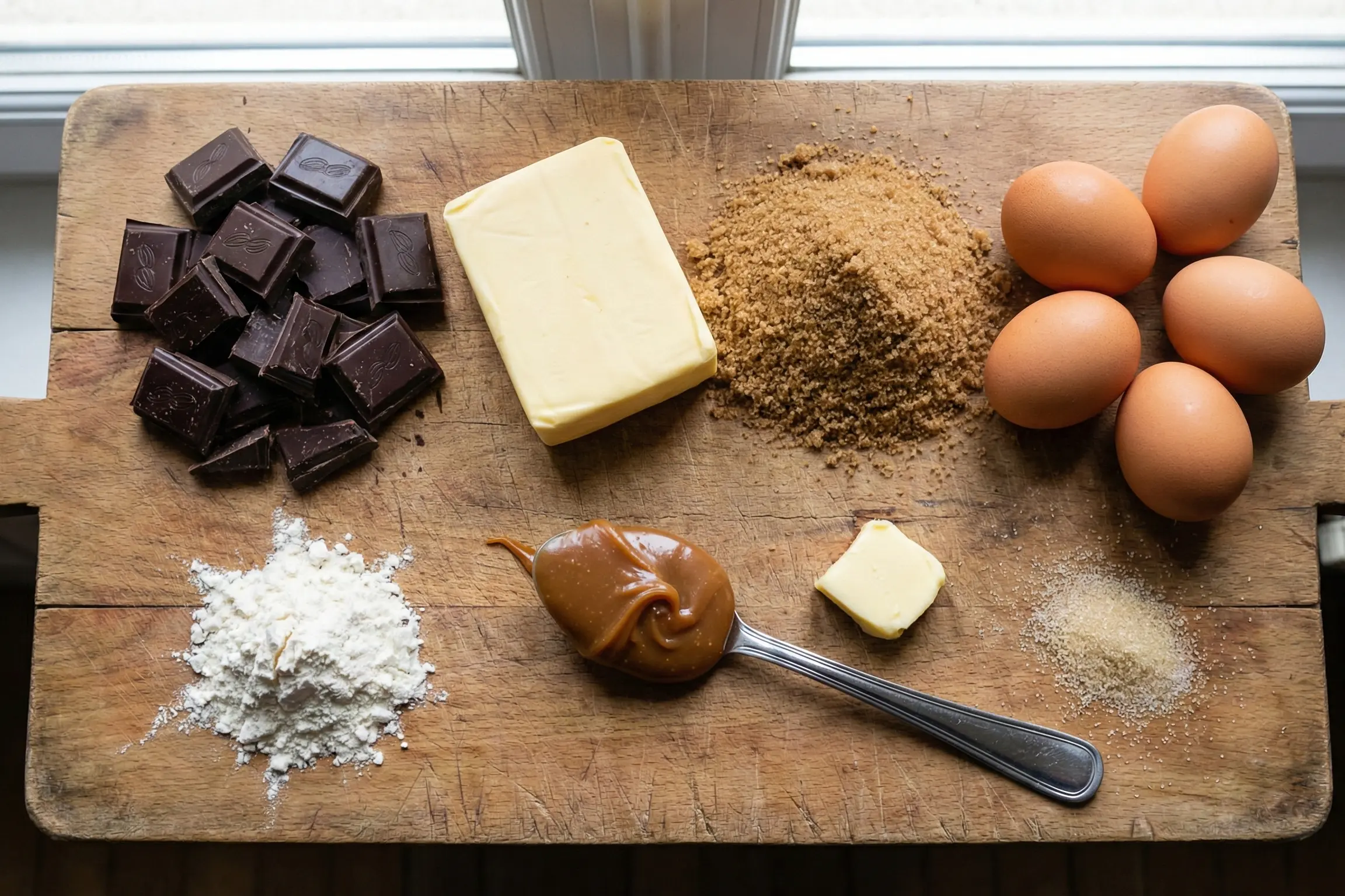 Ingrédients du Fondant Baulois disposés sur une planche en bois : chocolat noir, beurre demi-sel, œufs, cassonade et caramel.
